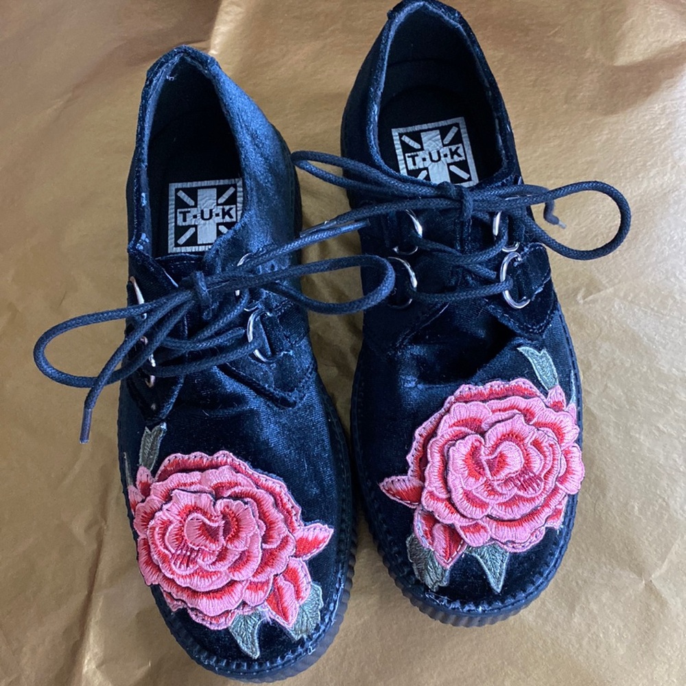 tuk Black Velvet Platform Creepers with Pink Rose Embroidery